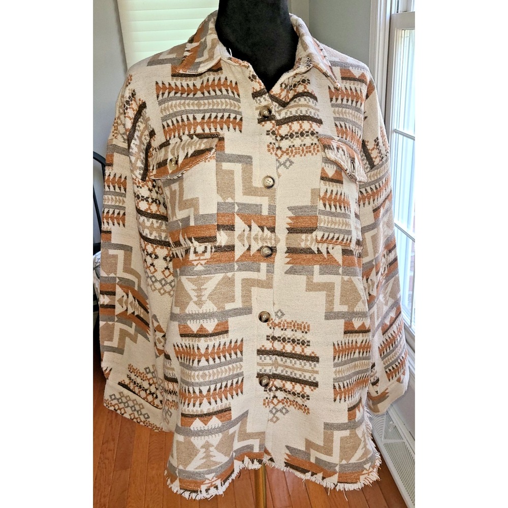 BLue B Collection Aztec Western Shacket Beige Lg Frayed edge Waist Cowgirl Indie